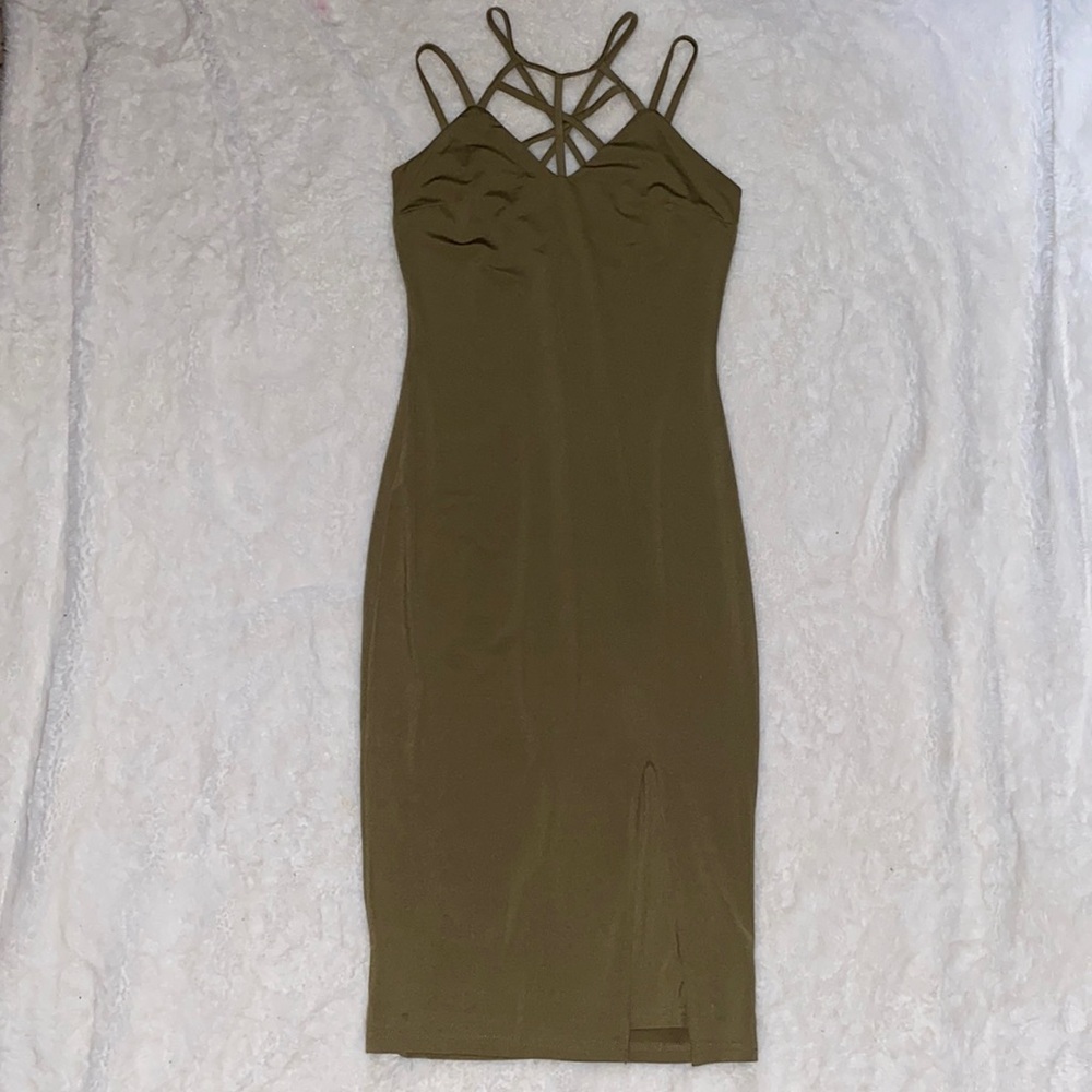 Thigh slit olive midi dress